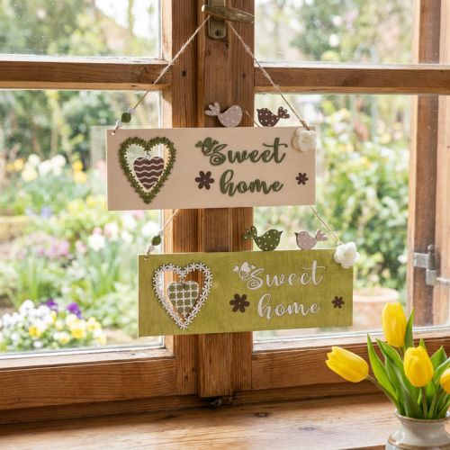 Fensterdeko Hängeschild aus Holz 25cm „Sweet Home“ mit Herzen und Blumen, 2-teilig | Floristik24.at