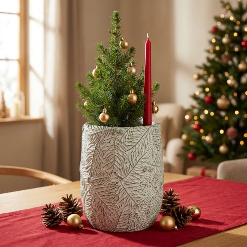 Übertopf Keramik Grün Weiß Grau Tannenzweige Ø12cm H17,5cm | Floristik24.at