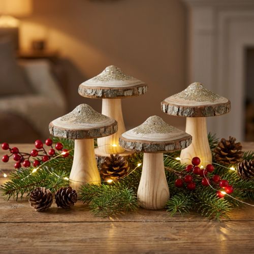 Holzdeko Pilze mit Rinde und Glitter H8,5cm Natur Gold 4 Stück | Floristik24.at