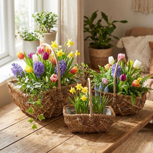 Rechteckige Henkelkörbe aus Weide naturfarben mit Kunststofffolie 34×26/29×20/24×15cm 3er-Set | Floristik24.at