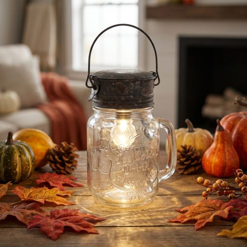 Deko-Glas mit LED-Lampe und Schraubdeckel Ø 8 cm H 16 cm aus Glas und Metall in Transparent und Braun | Floristik24.at