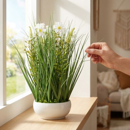 Deko Gras mit weißen Cosmea-Blüten in Kunststoffschale H45cm | Floristik24.at