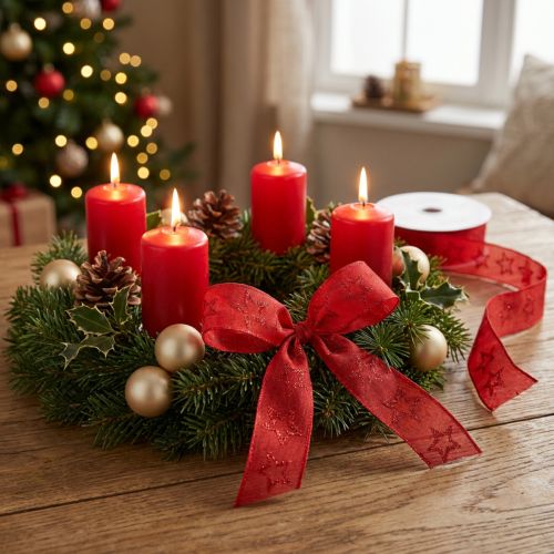 Weihnachtsband Polyester 25mm x 18m Rot mit Glitzersternen für Dekorationen | Floristik24.at