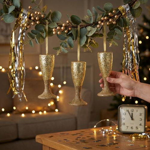 Artikel Christbaumhänger Champagnerglas Kunststoff Hellgold 15cm 3er-Set