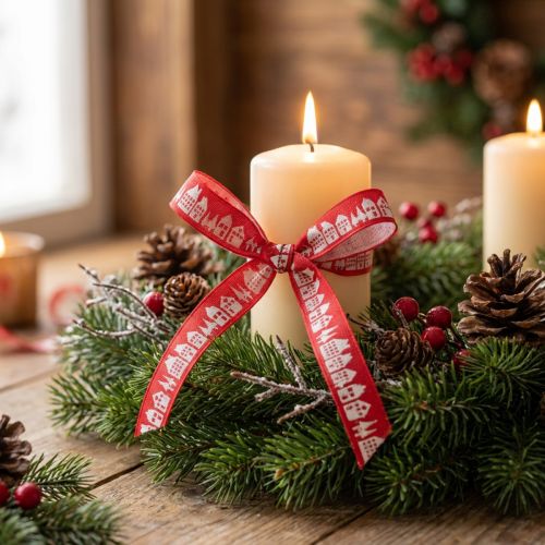 Polyester-Dekoband rot mit weißen Häuschen 15mm x 20m für Weihnachtsdekoration | Floristik24.at