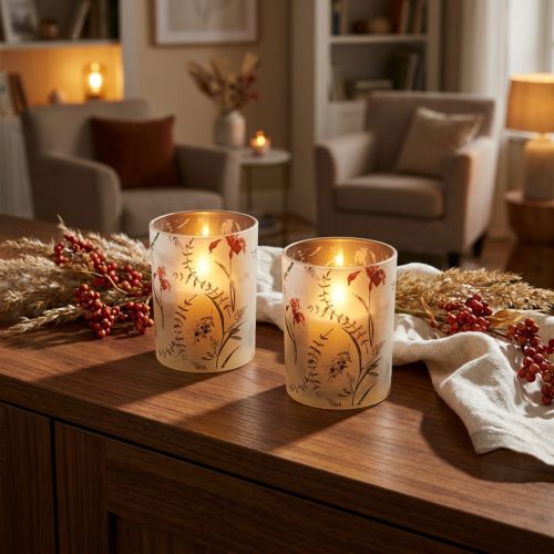 Artikel Windlicht Glas mit floralem Motiv Beige 12,5cm 2er-Set