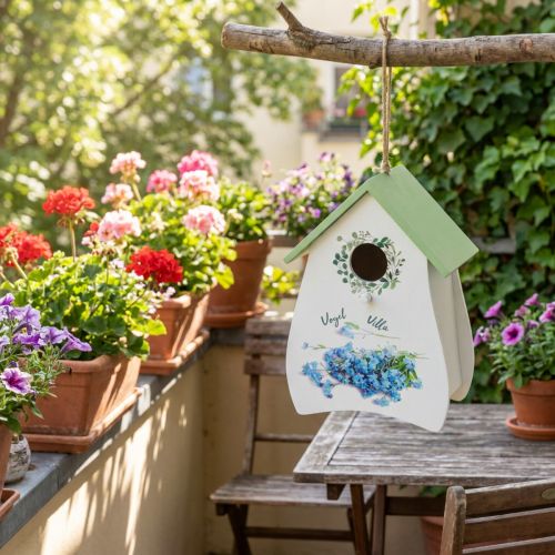 Artikel Vogelhaus aus Holz 21cm mit mintgrünem Dach und floralem Motiv zur Innendekoration
