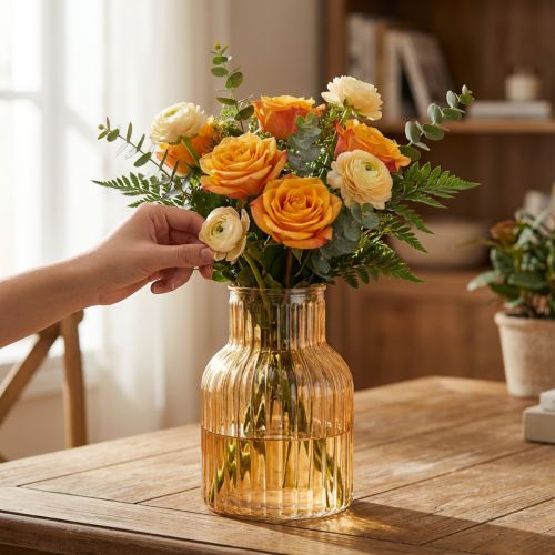 Artikel Blumenvase Glas orange Retro Rillen Ø13,5 cm H20 cm
