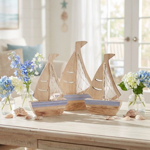 Segelboot Deko Aufsteller Holz Natur Hellblau 25,5×16,5 cm 3 Stück | Floristik24.at