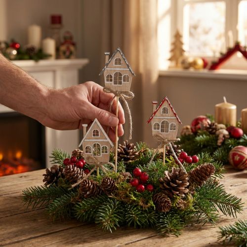 Dekostecker Weihnachten Holzhäuser 4,5x5cm 12 Stk, Naturfarben | Floristik24.at