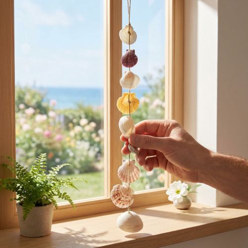 Dekohänger aus Muscheln und Seegras Natur Ø5–10cm 70cm | Floristik24.at