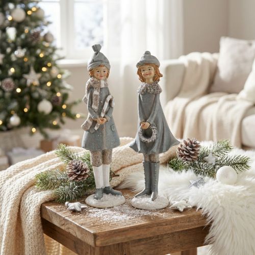 Dekofiguren Winterkinder Mädchen aus Polyresin H 19 cm, Grau und Silber, 2 Stück | Floristik24.at
