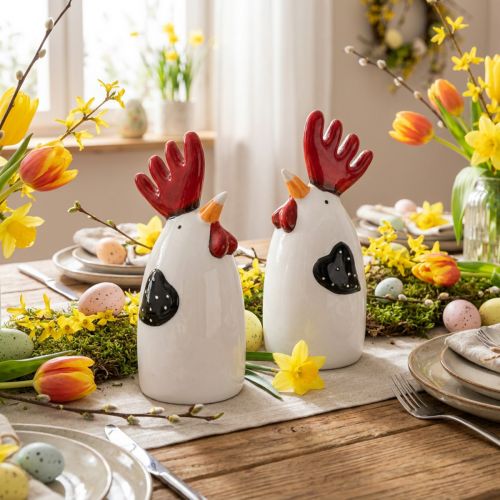 Keramikfiguren Hahn und Henne Rot Weiß für Tischdeko 7×6×15cm 2 Stk | Floristik24.at