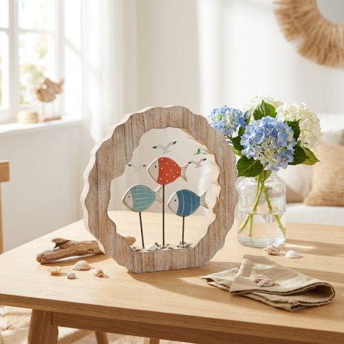 Tischdekoration Holzfische mit Möwen, Ø28cm, Blau und Rot | Floristik24.at