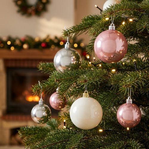 Artikel Weihnachtskugeln Kunststoff Ø5,5cm Rosa Grau Weiß 10 Stück