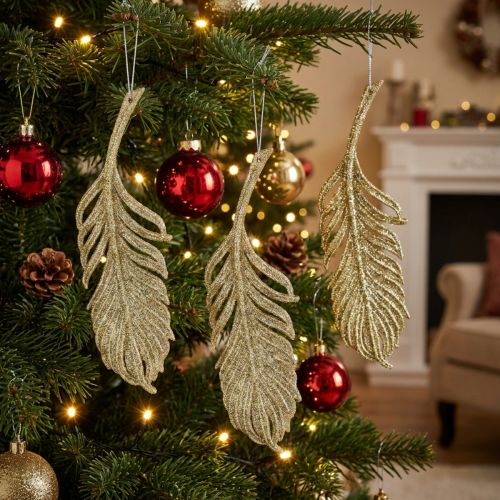 Deko-Federn zum Hängen, Kunststoff, Gold, 22cm, 12er-Set für Wohnung und Advent | Floristik24.at