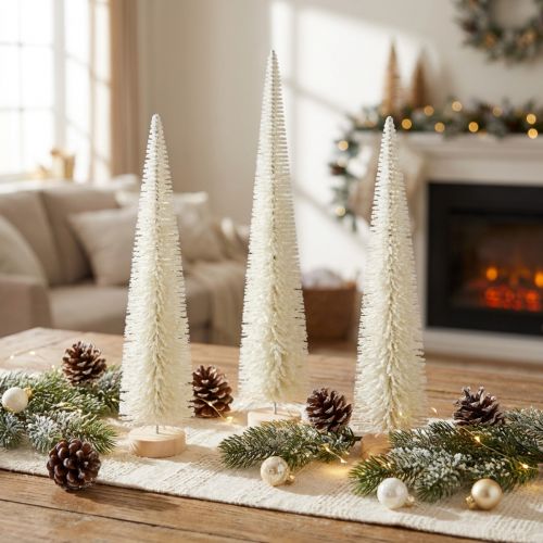 Tannenbaum Dekobaum mit Holzfuß Weißgrau 40cm 3er-Set für Innenbereich | Floristik24.at