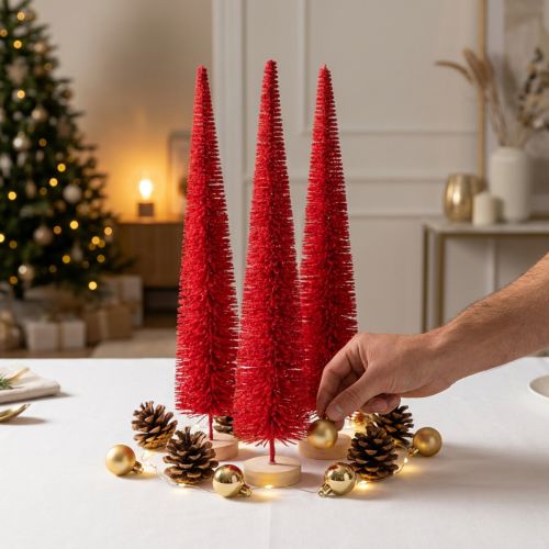 Deko Tannenbaum schmal Rot 40cm 3er Set mit Holzsockel | Floristik24.at