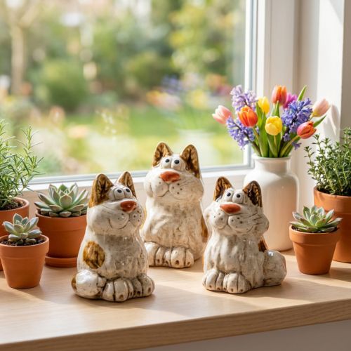 Keramik-Katzenfiguren Set 4 Stück, 8 cm, Braun-Weiß, für Wohnraumdekoration | Floristik24.at