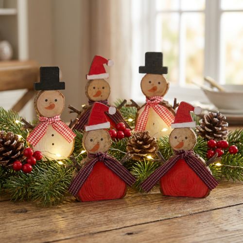 Dekofigur Schneemann Holz 10 cm 9 Stück, rot-weiß | Floristik24.at