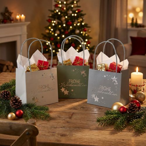 Artikel Geschenktüte Papier quadratisch 12 cm 6 Stück Weihnachtsspruch Sterne