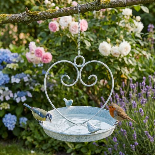 Artikel Vogeltränke aus Metall Ø21,5cm Hängend Weiß-Blau Herz-Design mit Vögeln