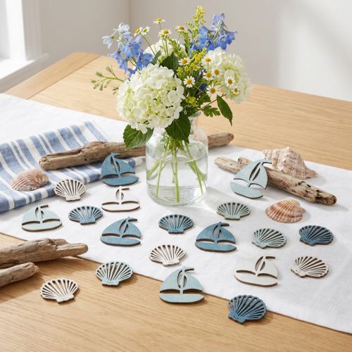 Artikel Streuteile Holz Muschel und Segelboot Blau Weiß 2,5/4 cm 72 Stück