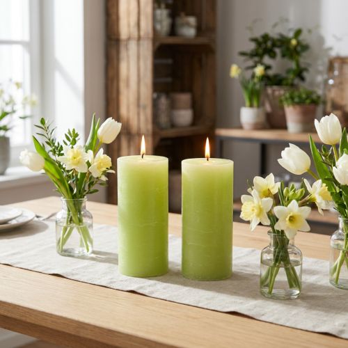 Durchgefärbte Stumpenkerzen Grün 85×150mm 2er-Set für Wohn- und Tischdekoration | Floristik24.at