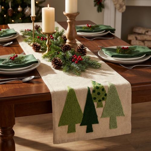 Tischläufer Weihnachten Tannenbäume Beige Grün 140x41,5cm | Floristik24.at