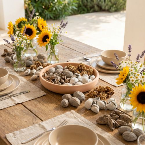 Artikel Potpourri Tischdekoration mit Schalenfrüchten in Grau, 18 x 18 x 5 cm, aus Naturmaterial