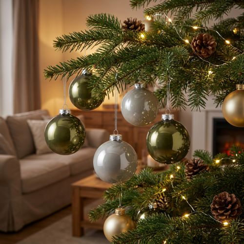 Christbaumkugeln Glas Olivgrün und Silbergrau Ø 7,5 cm 12 Stück | Floristik24.at