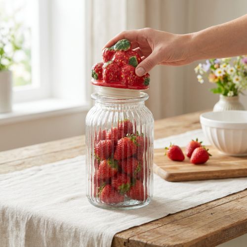 Artikel Bonboniere aus Glas mit Keramikdeckel im Erdbeermotiv Ø10,5 cm H26 cm