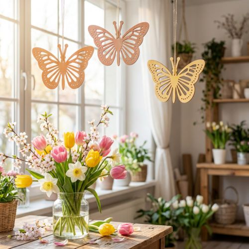 Deko-Schmetterlinge aus Holz 12cm Orange/Rosa/Gelb 12 Stück mit Aufhängeschlaufe | Floristik24.at