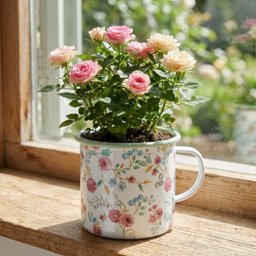 Pflanztasse Emaille Metall Weiß Ø9,5cm mit Rosenmotiv | Floristik24.at