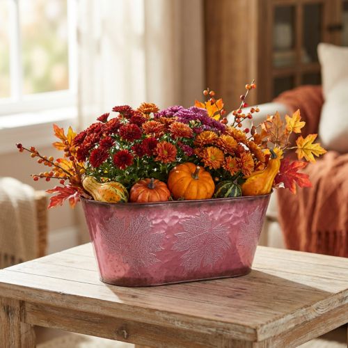 Metallschale Weinrot mit Blattdekor 38cm x 15cm für Herbstdekoration | Floristik24.at