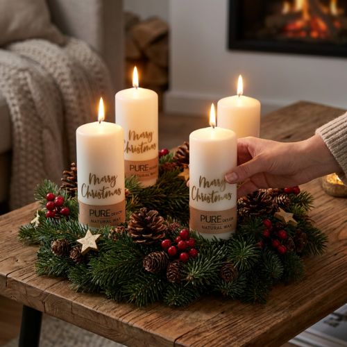 Stumpenkerzen Weihnachten 4er-Set aus Naturwachs Weiß Gold 60 x 130 mm | Floristik24.at
