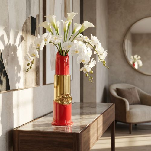 Artikel Deko-Vase aus Keramik im Lippenstift-Design 38 cm Rot-Gold für Kunstblumen