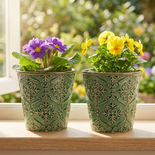 Artikel Keramik-Übertopf Grün Craquelé Glasur Ø10cm H13cm 2er-Set