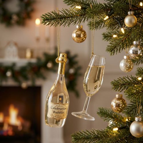 Artikel Sektflasche und Sektglas Anhänger-Set aus Glas 14cm goldfarben