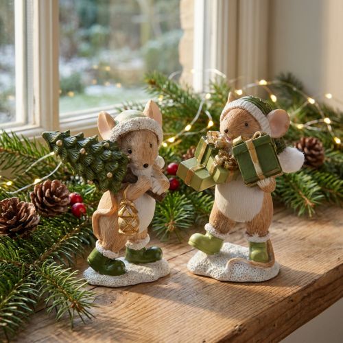 Weihnachtsmäuse Dekofiguren handbemalt 2er Set Polyresin | Floristik24.at