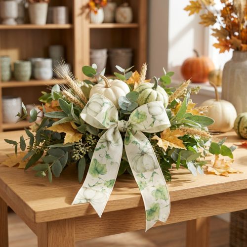 Geschenkband Stoffband mit Kürbismotiv 40mm Grün-Weiß 15m | Floristik24.at