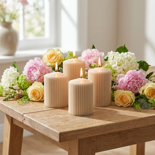 Stumpenkerzen Rillen beige Ø 7 x 9 cm 4er-Set | Floristik24.at