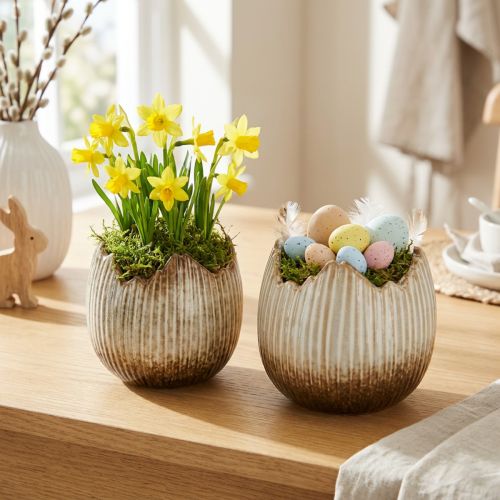 Artikel Keramik Blumentopf Eierform Creme-Braun Ø11,5cm 2er-Set