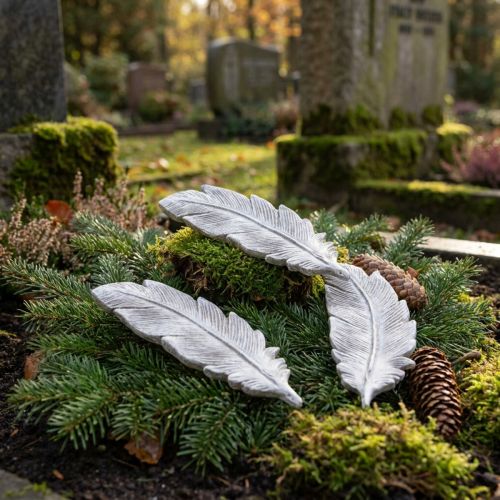 Artikel Grabschmuck Feder Polyresin Grau Weiß 15,5cm 4 Stück