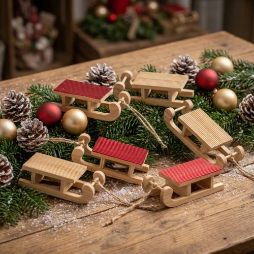 Mini Holzschlitten, Rot-Natur, 4 x 8,5 cm, 6er Set, Weihnachtsdeko | Floristik24.at