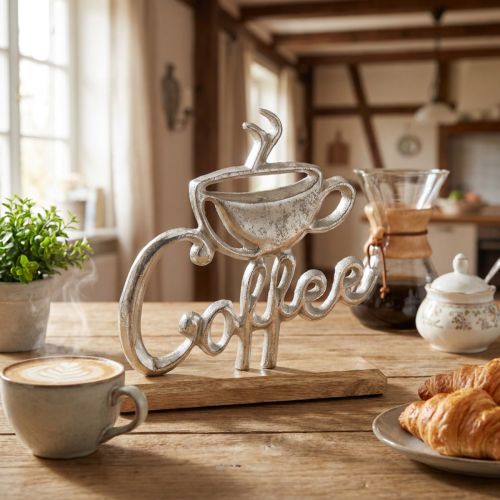 Metall-Deko Coffee mit Holzsockel, Silber und Natur, 17,5x5x18 cm | Floristik24.at