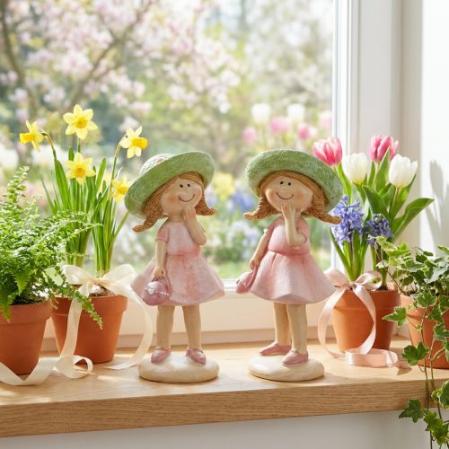 Dekofiguren aus Polyresin Mädchen mit grünem Hut und rosa Kleid 6,5x5,5x14,5cm 2 Stück | Floristik24.at