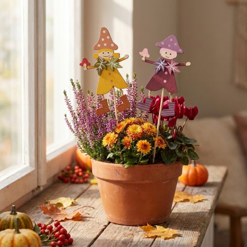 Blumenstecker aus Holz mit Herbstmotiv, 8×6 cm, Gelb und Lila, 12 Stück | Floristik24.at