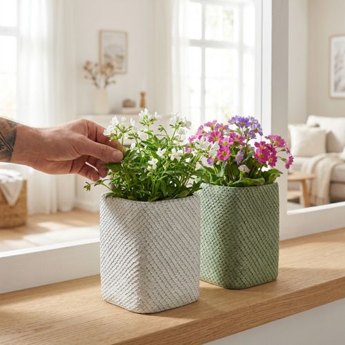Übertöpfe Keramik Grün und Weiß mit Relief, 12 x 12 cm, H 17,5 cm, 2 Stück | Floristik24.at