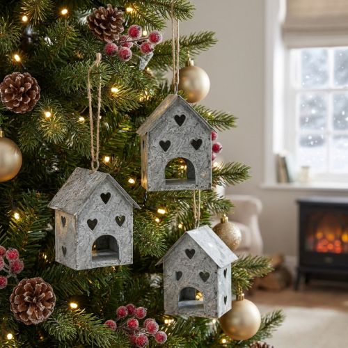 Weihnachtsanhänger Metallhäuschen Shabby Chic 9,5 cm Grau-Weiß 3er-Set | Floristik24.at